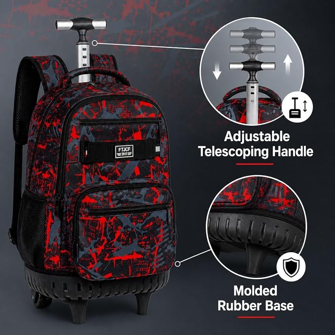 3Pcs Rolling Backpack for Boys Men, Travel Wheeled Backpacks for Adults, Teens College Roller Bookbag with Wheels for Men(Red)