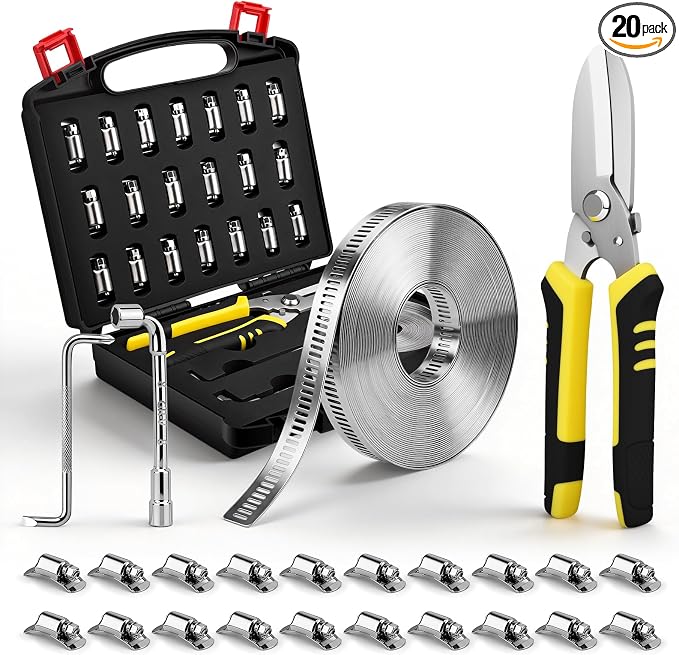 Hose Clamps, DIY 32.81FT Large Adjustable Metal Strap Stainless Steel Hose Clamps with 20 Stronger Fasteners Screw, Worm Gear Hose Clamps for Pipe, Tube, Duct and Fuel Line 25PCS
