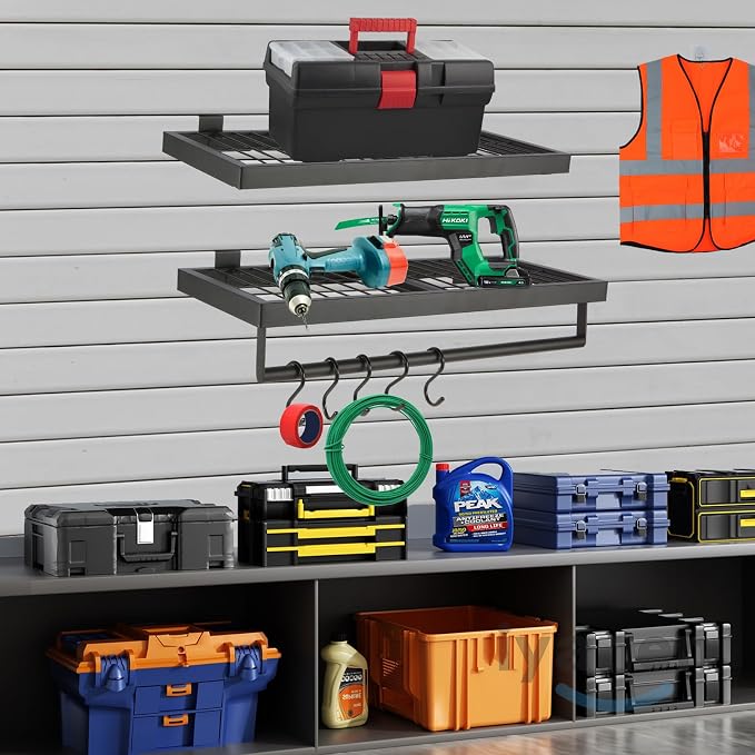 Slatwall Shelves, 2 Pack, Heavy Duty Holds Up to 110 lbs | Slatwall Shelf (9.6" X 22.75"), Heavy Storage Rack Designed for Garage, Home & Retail, Black