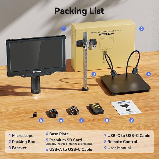 TOMLOV DM10 10.1" Digital Microscope: 1080P 1200X HD IPS Coin Microscope Magnifier for Error Coins with Light, 16MP LCD Soldering Microscopes for Adults with Screen, PC View
