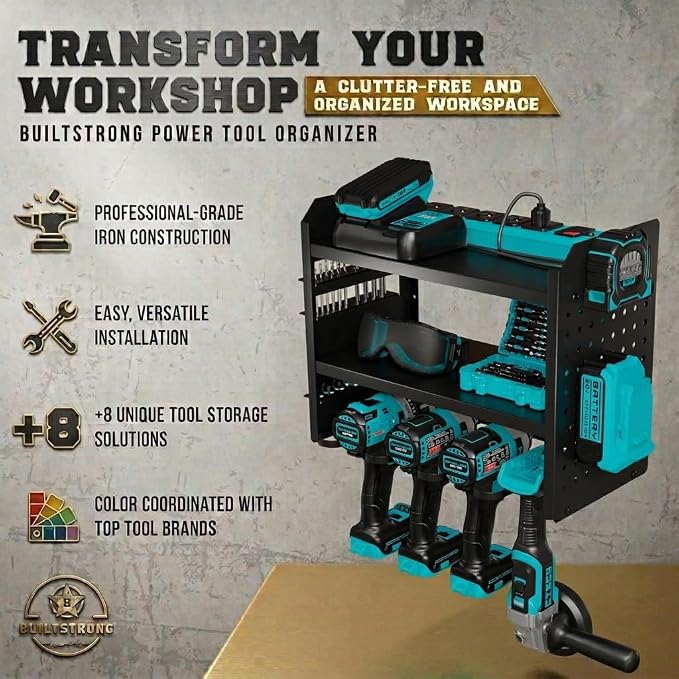BUILTSTRONG Power Tool Organizer Wall Mount – 3-Tier Heavy-Duty Steel Rack, 4 Drill Slots, Pegboard + Utility Side, 100 lb Capacity – Garage, Workshop & Shed Storage (Black)