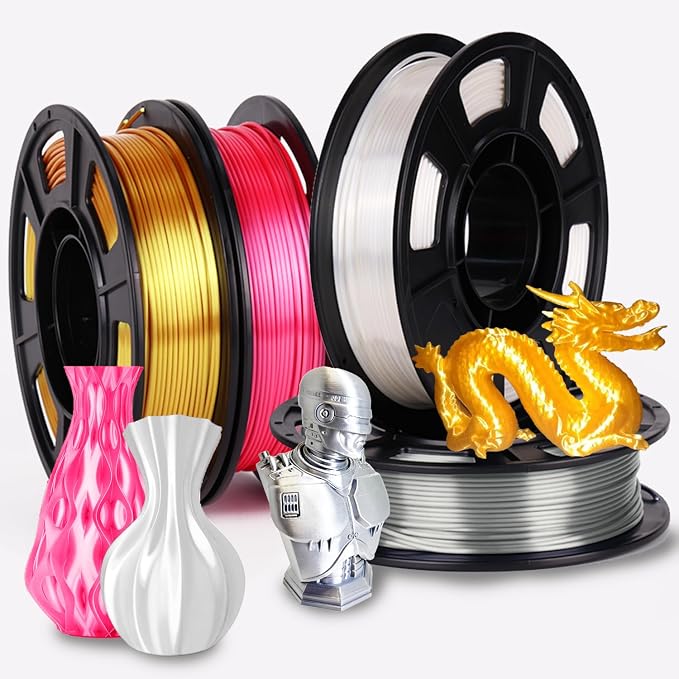 YOUSU 3D Printer Filament, 250G PLA Silk Filament Bundle, 1.75mm Smooth Silk Filament Muticolor, Silk PLA Filament 4 Color Pack 4x250g (Gold, Silver, Pink, White)