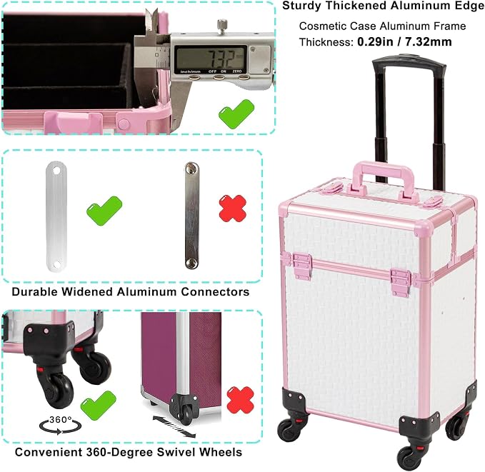 AROUS Rolling Makeup Train Case Cosmetic Travel Trolley 4 Tray with Sliding Rail Removable Middle Layer with Key Swivel Wheels Salon Barber Case Traveling Cart Trunk,White