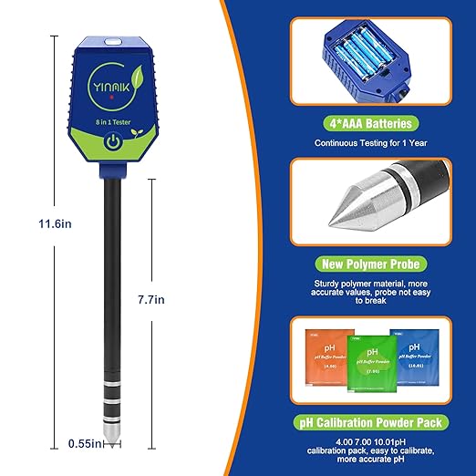 YINMIK 8 in 1 Soil Test Kits, Moisture pH Meter for Soil, Plant pH Conductivity Tester, pH Moisture EC Salt Humidity Light Fertility Temp Reader for Garden, Grass, Lawn, Greenhouse, Farming, Yard