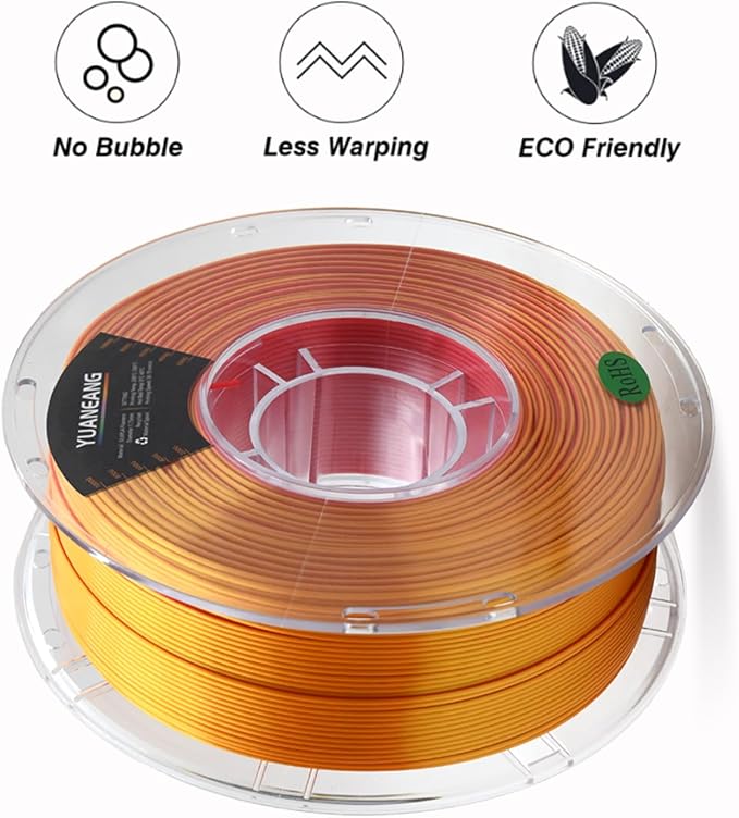 Silk Dual-Color PLA Filament 1.75mm Red-Gold, ±0.03mm Precision, 1kg Spool (2.2 lbs), Smooth Gradient Two-Tone PLA, Neatly Wound & Compatible with Most 3D Printers