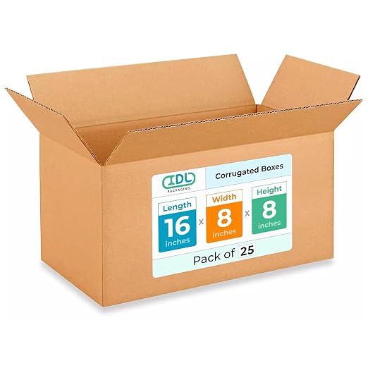 Medium Moving & Shipping Boxes 16"L x 8"W x 8"H (25-Pack) - Extra Strength 200 lb vs Regular - USA-Made Corrugated Cardboard Boxes Moving and Delivering - Packaging Box by IDL Packaging