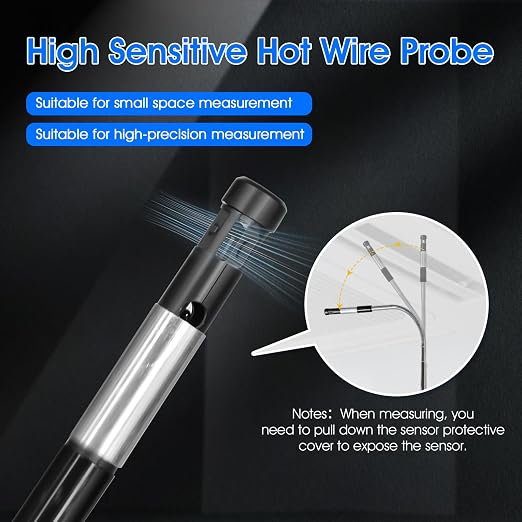 Professional Hot Wire Anemometer with Telescopic Sensor, High Precision Wind Speed Gauge, Air Flow, Temperature Meter for HVAC, Environmental Monitoring, Duct Testing, and Industrial