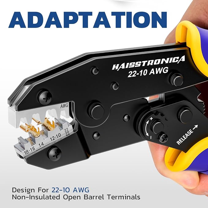 Haisstronica Crimping Tool for Non-Insulated Open Barrel Terminals Receptacles,AWG 22-10 Ratchet Wire Crimper Tool,Wire Terminal Crimper HS-5327