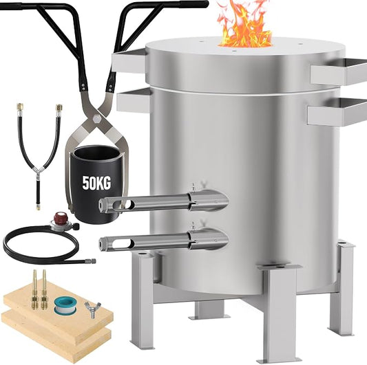 Nelyrho 50kg Propane Melting Furnace Kit - Full Stainless Steel Foundry with Crucible 50kg, Support Stand, and Tongs - Ideal for Melting Recycling Aluminum, Gold, Silver, and Copper Scrap