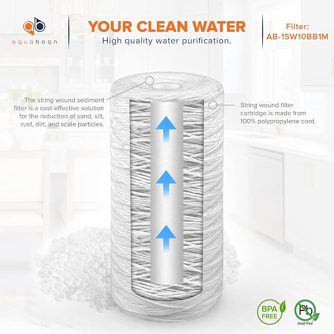 Aquaboon 1 Micron String Wound Water Filter 10x4.5 Replacement - Whole House Water Filter Cartridge Compatible with WP5BB97P,WP10BB97P, AP810, 20-Pack