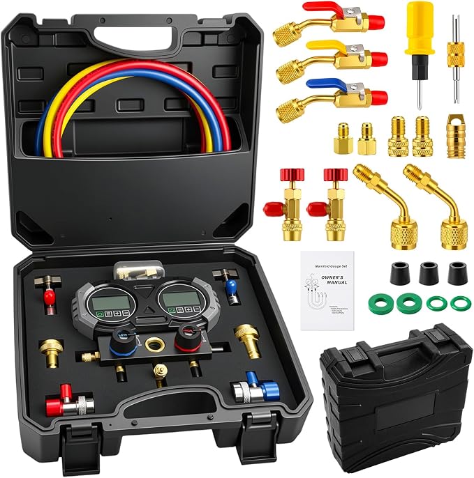 Tellegloww HVAC A2L Digital Manifold Gauge Set for R22 R32 R410A 134A R454B Refrigerant with Hose Kit, 4 Refrigerant Angled Compact Ball Valve and 2 R410A Adapter 2 R454B Adapter