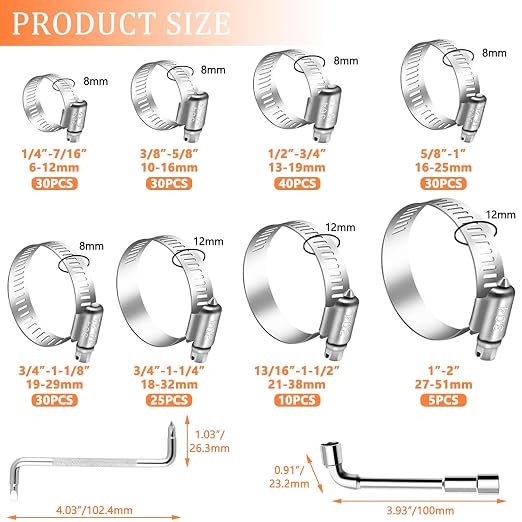 Hose Clamp Assortment 202PCS 304 Stainless Steel Hose Clamp Kit 1/4"–2"(6-51mm) Worm Gear Hose Clamps Small Hose Clamps for Automotive Radiator Pipe,Plumbing,Fuel Line