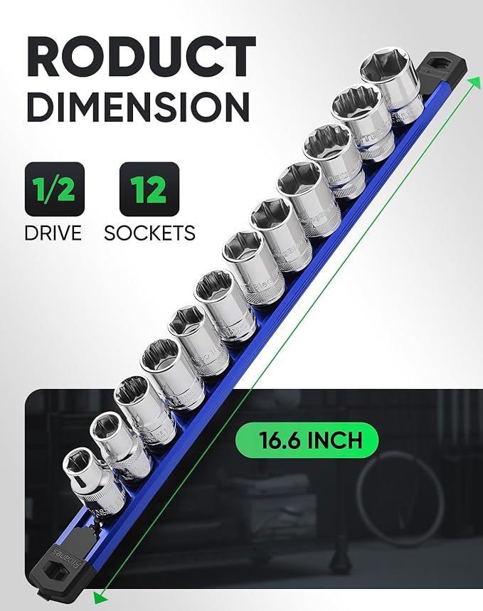 ALOANES Magnetic Socket Organizer Set, 1/2-Inch Drive Heavy Duty Aluminum Socket Rail Organizer, 360° Swivel Clips Socket Holder Kit for Toolbox Drawer Fit 1/2-Inch x 12 Clips (Blue, 1PC)