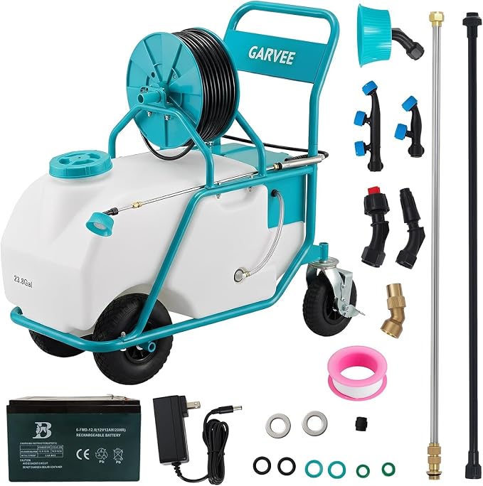 Garvee 24 Gallons Battery Powered Sprayer with Wheeled Cart, 12V 12Ah Electric Sprayer with 6 Nozzles & 2 Wands, 5-6 Hour Runtime, 90PSI Adjustable Pressure, Trigger Lock, Yard Sprayers for Lawn