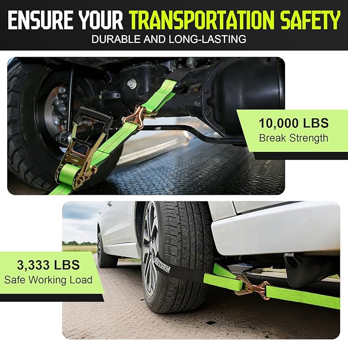 4-Pack 10,000lbs Break Strength Ratchet Straps Heavy Duty, 2 Inch x 10 Feet Tie Down Straps with J-Hooks & Clips & 2" x 38"Axle Straps for Car Trailer Truck, UTV, Motorcycle, Cargo & More - Green