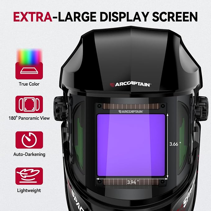 ARCCAPTAIN Auto Darkening Welding Helmet with Side View, 180° Panoramic View, 1/1/1/1 True Color Large Viewing Welding Hood with 4 Arc Sensor Solar Powered, Wide Shade 4/5-9/9-13 for TIG MIG ARC CUT