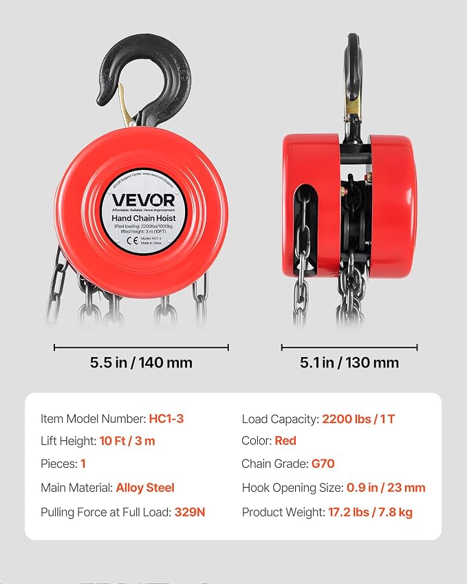 VEVOR Hand Chain Hoist, 1 Ton 2200 lbs Capacity, Manual Chain Block with Upgrade G70 Galvanized Chain, 10 ft Lifting Height, Heavy Duty Pulley Hoist for Garage Warehouse Automotive Machinery, Red