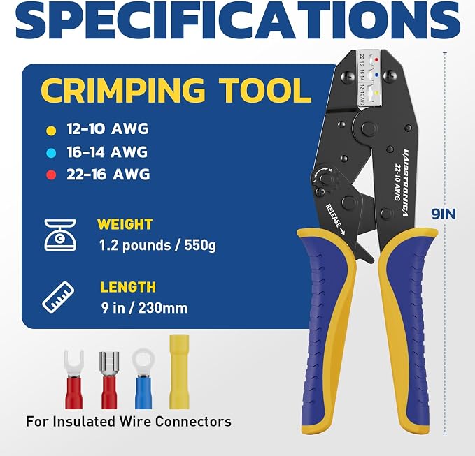 haisstronica Crimping Tool for Insulated Electrical Wire Connectors-AWG 22-10 Ratchet Crimper Tools-Racheting Wire Crimping Tools-Available for Insulated Connectors and Wire Terminal HS-9327