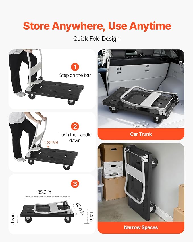 VEVOR Foldable Push Cart Dolly, 660 lbs Capacity, Folding Platform Truck with Swivel Wheels, Moving Platform Hand Truck Flatbed Cart, Space Saving Push Handle, for Easy Storage, 35.2 x 23.4 x 33.5 in