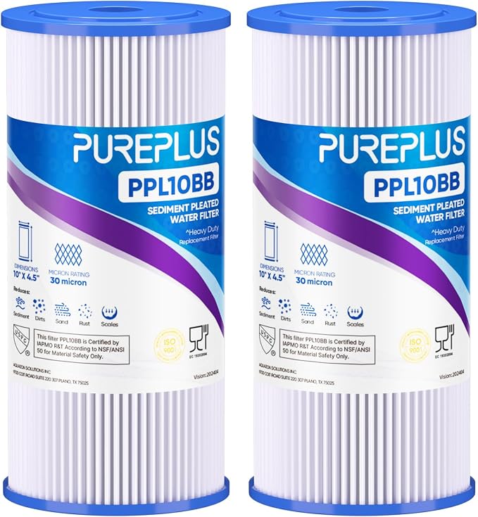 PUREPLUS 30 Micron 10" x 4.5" Whole House Pleated Sediment Filter for Well Water, Replacement Cartridge for GE FXHSC, Culligan R50-BBSA, Pentek R50-BB, DuPont WFHDC3001, W50PEHD, GXWH40L, 2Pack