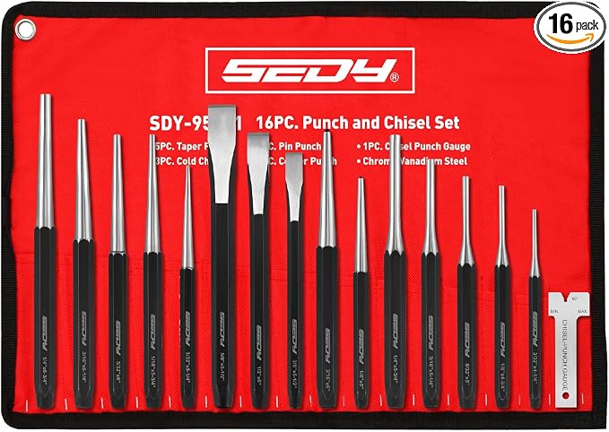 16-Piece Punch and Chisel Set, Includes Pin, Taper and Center Punch Tools, Cold Chisels and Chisel Gauge for Metalworking, Automotive Repair, Woodworking and Maintenance
