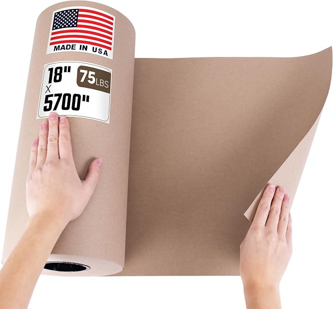 Paclord 18" x 5700" (475 feet) Natural Brown Kraft Paper Roll, 75 Lb Extra Heavy-Duty (Grocery Bag Grade) – Made in USA Large Size Roll of Brown Wrapping Paper, 3-inch Core – for Packaging, Shipping | 75 Lb Extra Heavy-Duty (Grocery Bag Grade) – Made i...