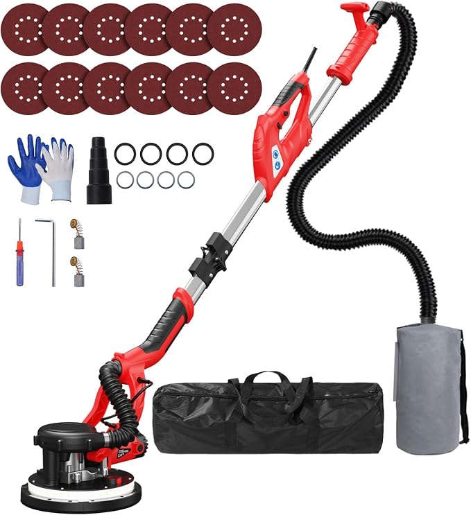 Drywall Sander, 2025 Upgraded 8-Amp Popcorn Ceiling Removal Tool with 7 Variable Speed 800-1800RPM, Drywall Sander with Vacuum Dust Collector with Extendable Handle, LED Light, 12pcs Sanding Discs,Red