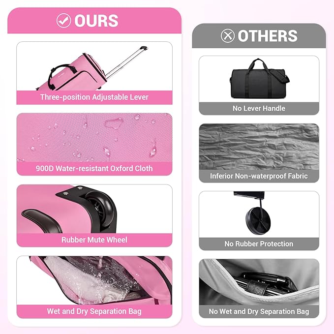 DEVPNR Rolling Garment Bags for Travel, 59L Rolling Duffle Bag with Wheels and Shoe Compartment for Men and Women, 3 in 1 Carry on Convertible Travel Garment Bag with Wheels, Pink
