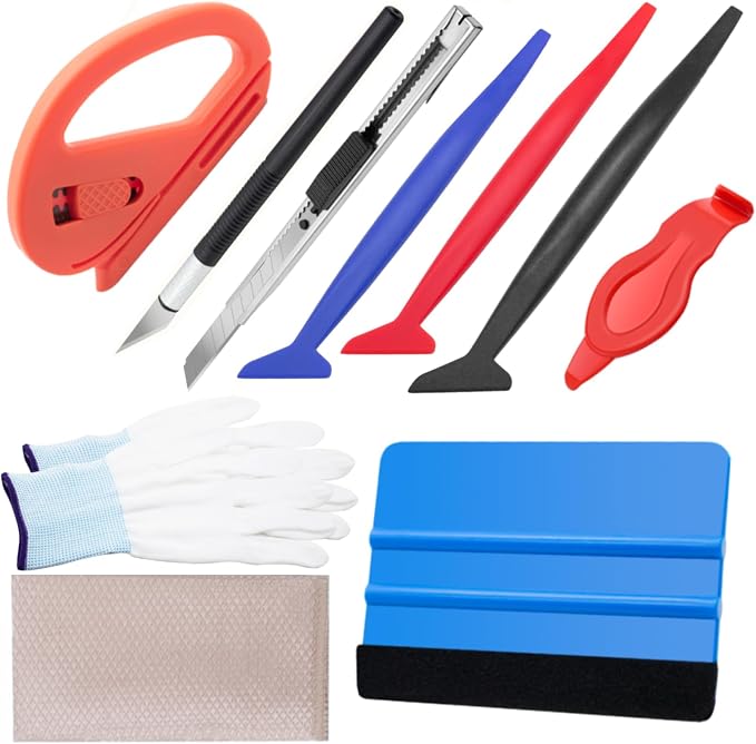 Spanno Vinyl Wrap Tool Kit - Includes Wrap Felt Squeegee, 3 Pcs Micro Squeegees, Corner Squugee, Utility Knives, Vinyl Cutter, Cloth and Working Gloves