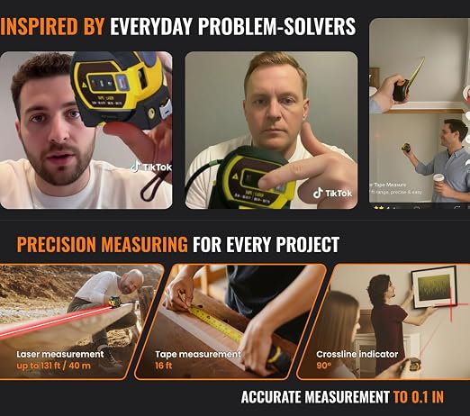 3 in 1 Digital Laser Tape Measure | Laser Level Crosshairs | 130ft/40m Laser Distance + 16ft/5m AutoLock Tape | Backlit LCD Display (Ft/Inch/M/mm & Fractions)