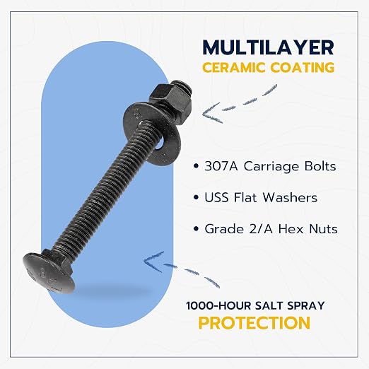3/8" x 4-1/2" (25 Pack) Black Carriage Bolt Kit, Grade 307A, Ceramic Coated for Exterior Use, 2X Rust Resistance of Galvanized by Makers Bolt