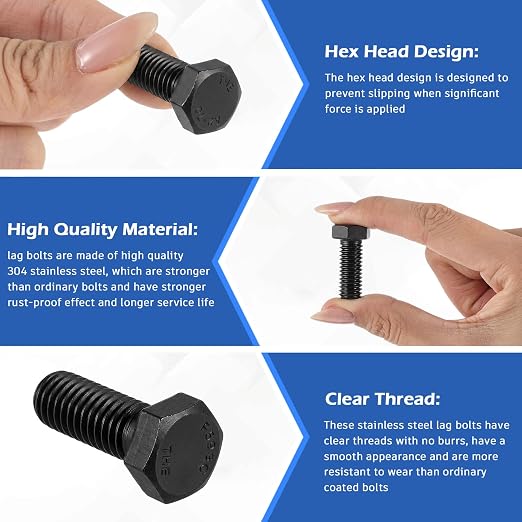 Zonon 50 Pcs 3/8-16 x 1 Hex Head Screw Bolt 18-8 (304) Stainless Steel Hexagon Bolts, Fully Threaded, Plain Finish, External Hex Drive (Black)