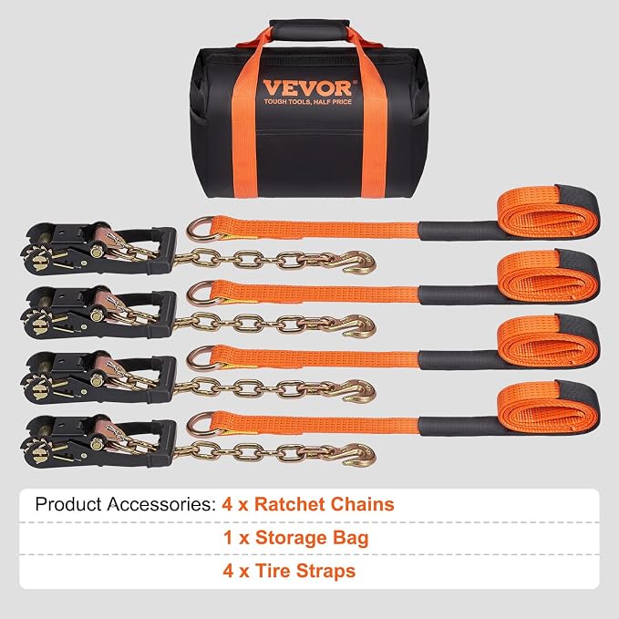 VEVOR Car Tie Down with Chain Anchors, Lasso Style 2"×120" Tire Straps, 5865 LBS Working Load, 11023 LBS Breaking Strength, with Heavy Duty Ratchets for Passenger Car, ATV, SUV, UTV, Truck, 4-Pack