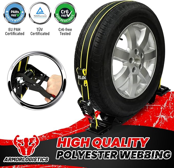 4Pack UTV Wheel Chock Tie-Down Kit, 2 in x 8 ft Heavy Duty Trailer Tire Straps, 4400lb Max Break Strength E Track System for ATV, UTV, SXS, Mower and More (Black)