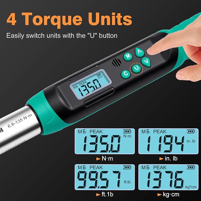 Digital Torque Wrench 3/8 Drive, 5–99.6 Ft-lbs / 6.8–135 N·m, ±2% Accuracy, Dual-Direction Ratchet, Electric Torque Wrench with Buzzer & LED Indicator for Bike, Motorcycle, Auto Repair