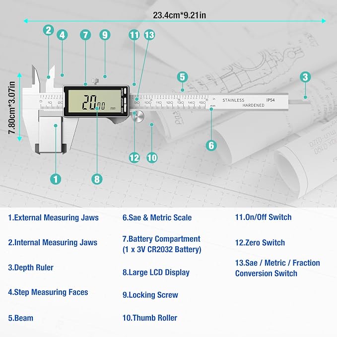 Raynesys Electronic Digital Caliper 6", Professional Precision Micrometer Calipers, ±0.001"/0.02mm Accuracy, Large LCD Display, Stainless Steel Diameter Measuring for Woodworkers/Jewelers/DIY Projects