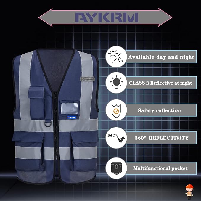 safety vest for women navy blue | Navy L safety vest with reinforced pockets, clear ID holder and mic tabs for safety supervision and warehouse logistics.