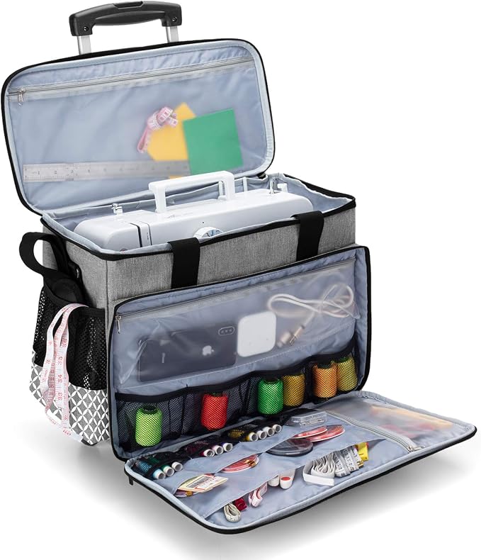 Yarwo Upgraded Rolling Sewing Machine Carrying Case, Detachable Trolley Tote Bag with Removable Bottom Board and Thickened Trailer Leg for Most Standard Sewing Machine and Accessories, Gray with Grid