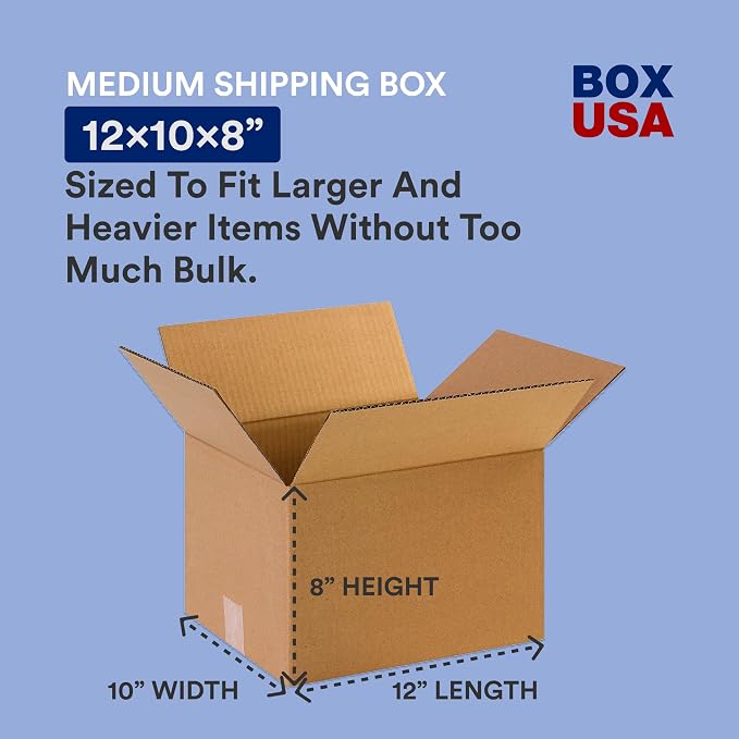 BOX USA Shipping Boxes 12"L x 10"W x 8"H, 25-Pack Small Corrugated Cardboard Box Shipping, Packaging, Moving, Storage Box for Home or Business, Strong Wholesale Bulk Boxes