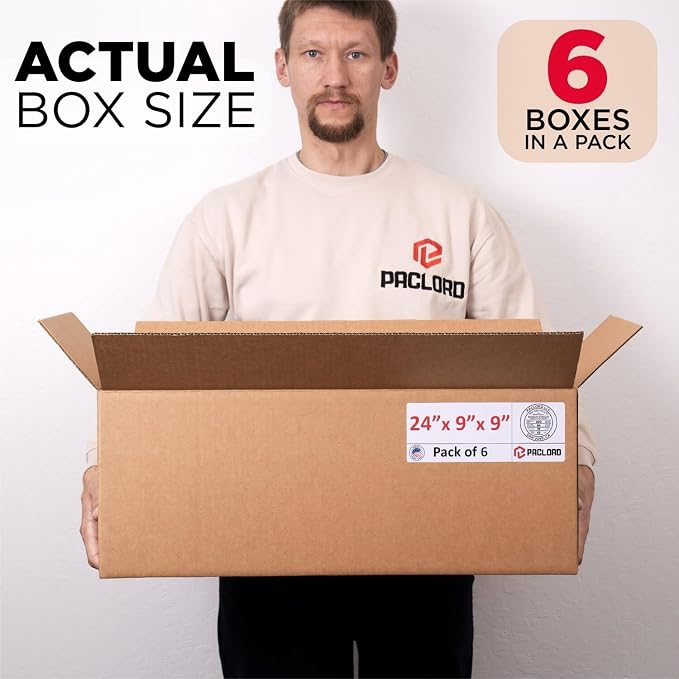 Long Cardboard Boxes 24"L x 9"W x 9"H (Pack of 6) - USA-Made Packing Boxes for Moving, Shipping, or Storage - USPS, UPS, FedEx Approved - Professional Packing Supplies for Moving | USA-Made Packing Boxes for Moving, Shipping, or Storage - USPS, UPS, Fe...