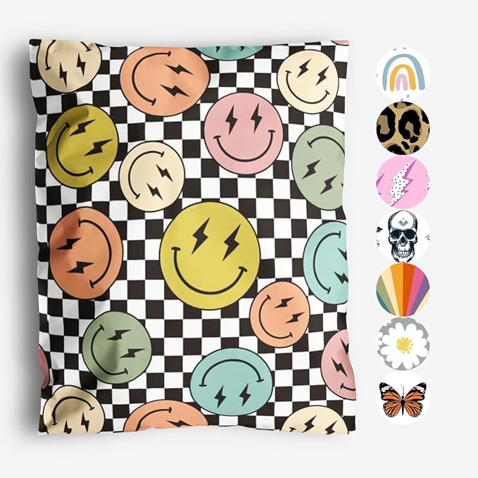 Package Mint 19x24 Poly Mailers - 50 Pack Smiles Checkerboard Design - Waterproof and Tear-Resistant Mailing Bags with Self-Adhesive Seal - Versatile Shipping Bags for Clothes and Accessories