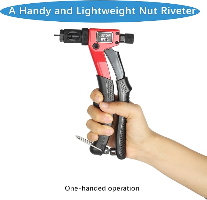 BEETOW Compact Rivet Nut Tool Kit – SAE & Metric 8'' Rivnut Gun with 9 Mandrels (M3-M6, #6, #8, #10, 1/4") & 144 Nutserts, Stroke Adjustment Widget, for Automotive & Metal Repair