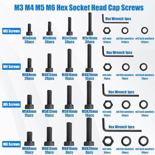1108PCS Metric Screw Assortment Kit, M3 M4 M5 M6 Metric Bolts and Nuts Kit with with Lock & Flat Washers, 12.9 Grade Alloy Steel Hex Socket Head Cap Screws for 3D Printing