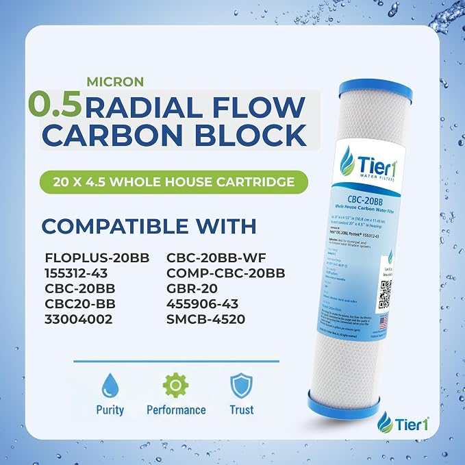 Tier1 0.5 Micron 20 x 4.5 Water Filter | Radial Flow Carbon Block Whole House Cartridge | Replacement for Pentek FLOPLUS-20BB, 155312-43, CBC-20BB | Fine Sediment Filtration | 4.5x20 Water Filter
