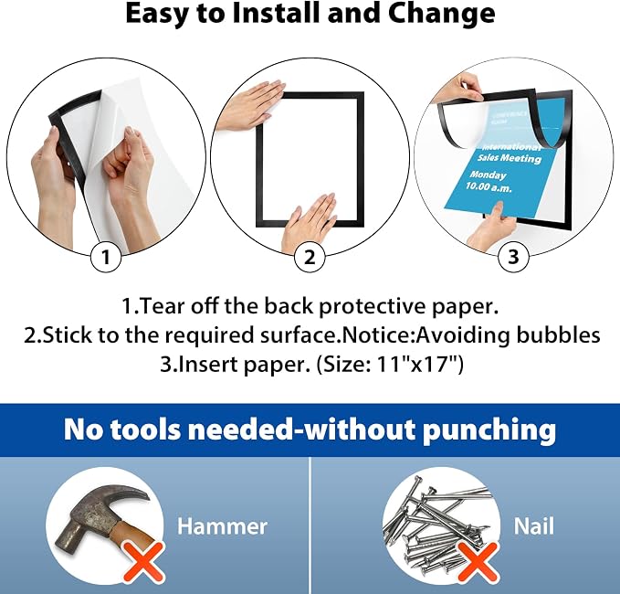 11"x 17" Self Adhesive Magnetic Sign Holder, Double Sided Window Magnetic Display Frame, Peel and Stick Picture Frames for Office/Home/Store/Door/Glass/Wall Display (Black,10Pack)
