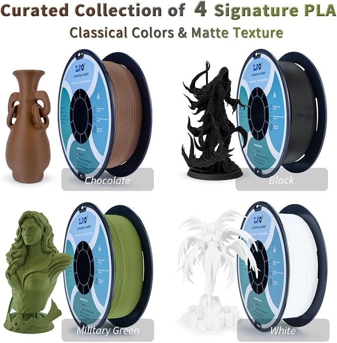 ZIRO 3D Printer Filament Bundle, Matte 1.75mm PLA Filament, Basic Colors PLA Series 4 Pack, 3D Printing Material, 1.75mm 2.2lbs x 4 Spool, Black, White, Military Green, Chocolate