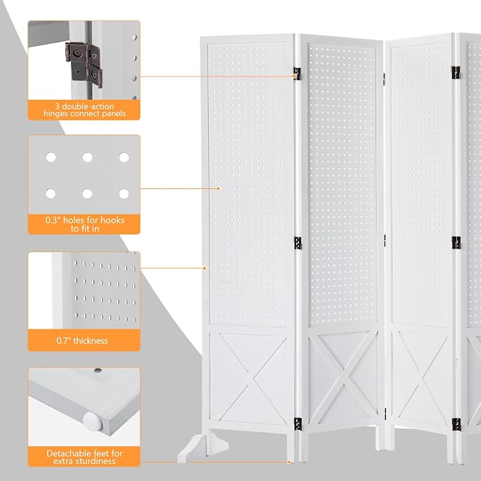 VINGLI Freestanding Pegboard with Support Feet, 5 FT Wood Room Divider Display Board Organizer, Folding Privacy Screen Partition Space Separator for Craft Shows Events Retail (White, 6 Panel)
