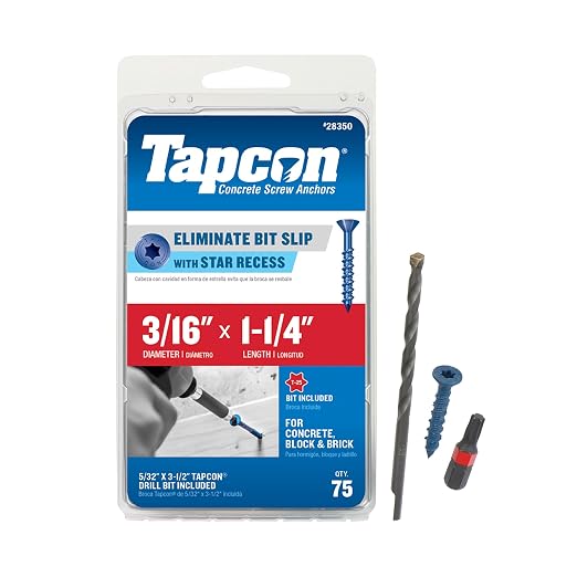 Tapcon 3/16 x 1-1/4 Inch Blue Climaseal® Star Head Concrete Anchors, 75 PCS, Corrosion Resistant Coating, Heavy-Duty Concrete and Masonry Screws, Superior Holding Strength, Drill & T-25 Bit Included