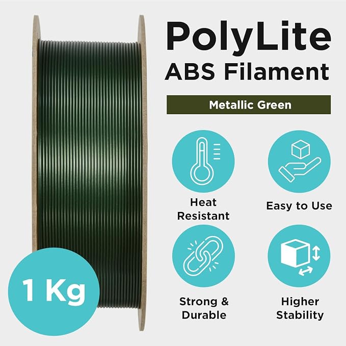 Polymaker Metallic ABS Filament 1.75mm Metallic Green, 3D Printer Filament 1.75mm Heat Resistant 1kg - PolyLite ABS 3D Printing Filament 1.75mm, Strong & Durable, Dimensional Accuracy +/- 0.03mm