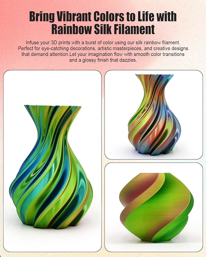 Silk Tri Color PLA 3D Printer Filament, 1.75mm 1KG (2.2lbs), High Gloss Shiny Finish, Smooth Surface, Easy Printing, Dimensional Accuracy ±0.02mm(Red, Yellow & Blue)